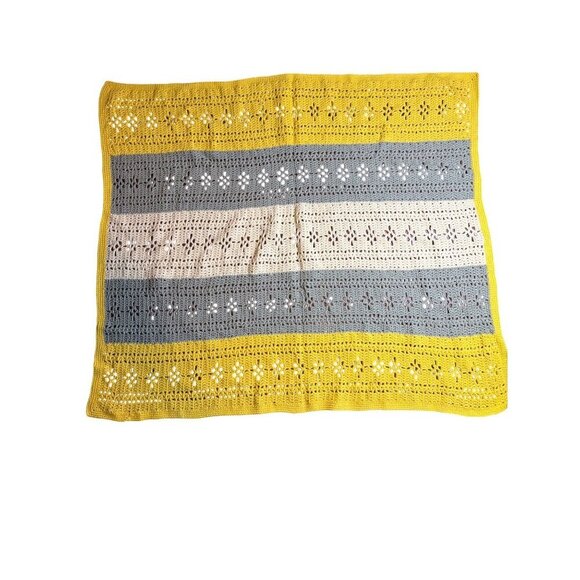 Other - Handmade Crochet Striped Blanket With Yellow Gray & Cream Floral Pattern